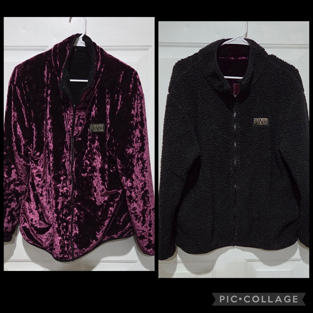 PINK VS Reversible Crushed Purple Velvet & Black Fleece Jacket Women L